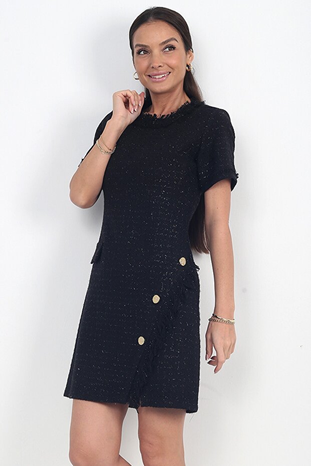 Women's Button Detailed Short Sleeve Tasseled Chanel Short Dress Slim Fit
