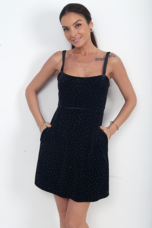 Women's Thin Strap Pocket Stone Detailed Velvet Short Dress