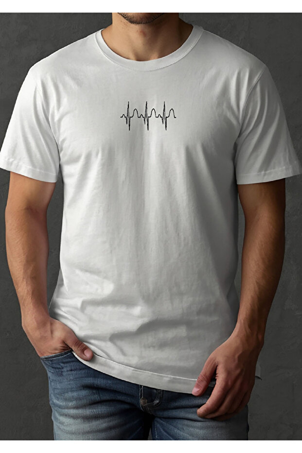 Erkek Beyaz Nakış Detaylı %100 Pamuklu Bisiklet Yaka Basic Tişört - 5