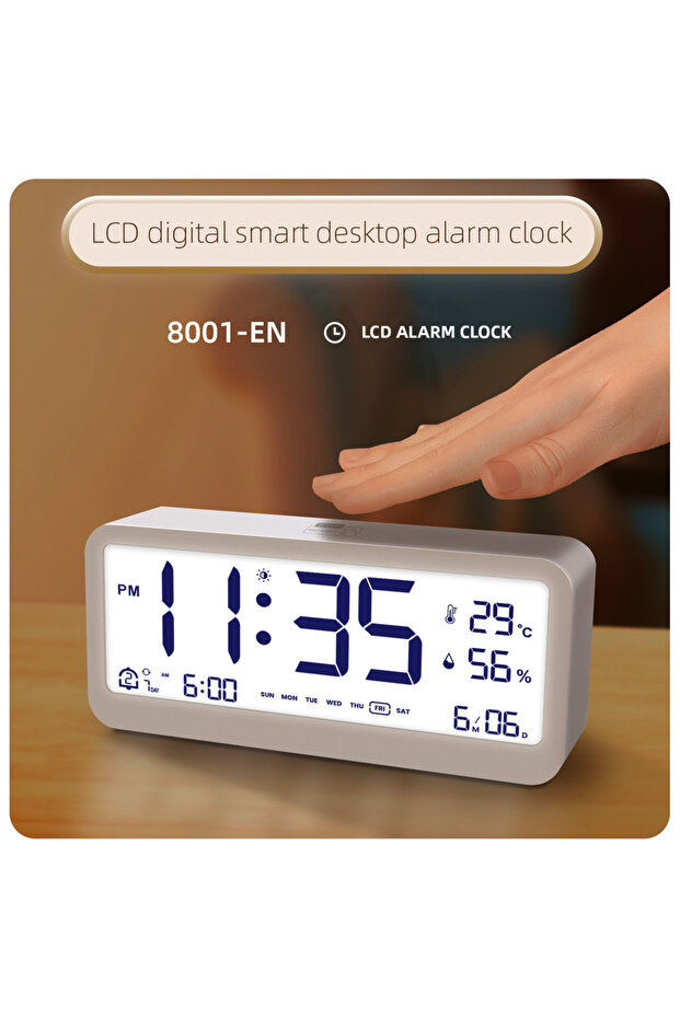 8001-EN Digital Clock LED Brightness Adjustable Temperature Humidity Displaying Alarm Clock Dual...