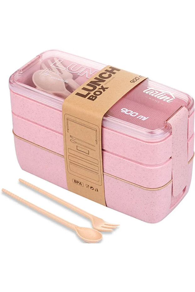 علبة طعام بينتو وردية اللون بثلاثة أقسام مصنوعة من قش القمح، قابلة لإعادة الاستخدام، لحفظ وجبات الطعام والوجبات الخفيفة.