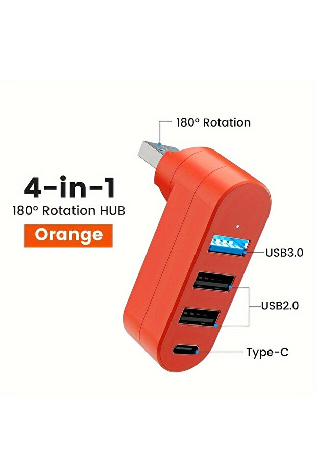 موزع USB 3.0 برتقالي 4 في 1، صندوق مقسم صغير بأربعة منافذ قابلة للدوران لنقل بيانات USB، موسع متعدد المنافذ