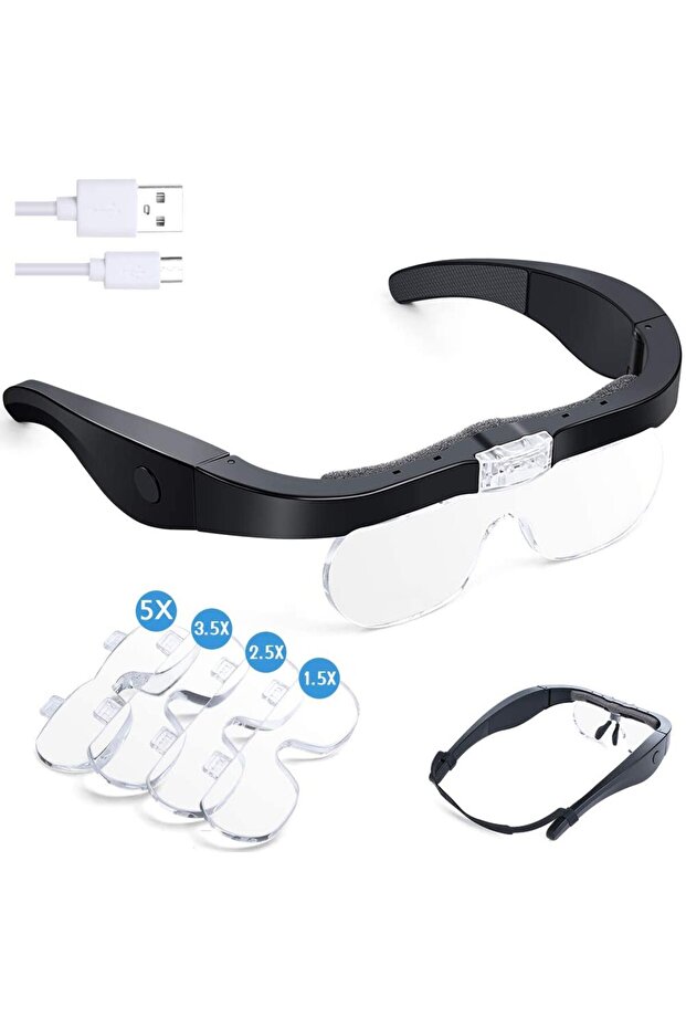 Rechargeable Head Magnifier Glasses Magnifier with Detachable Lenses 1.5X, 2.5X, 3.5X, 5X for Rea...