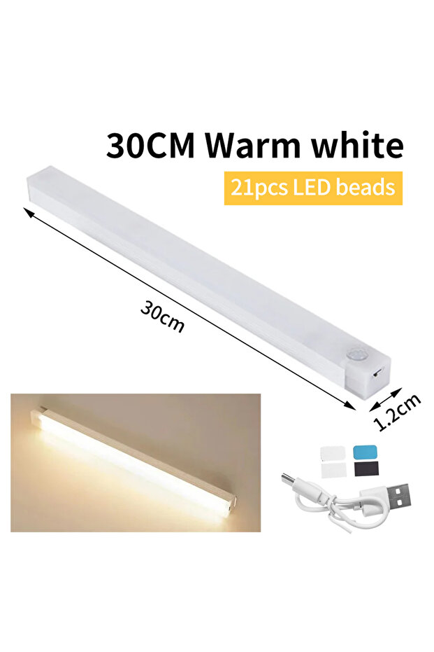 مصباح LED لاسلكي قابل لإعادة الشحن، أبيض دافئ، مزود بمستشعر حركة، بطول 30 سم، مناسب للخزائن ودواليب الملابس.