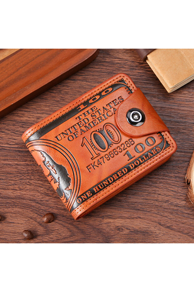 Brown Men's Wallets with 100 US Dollar Pattern Hasp Male Leather Wallet with Zipper Card Holder Coin