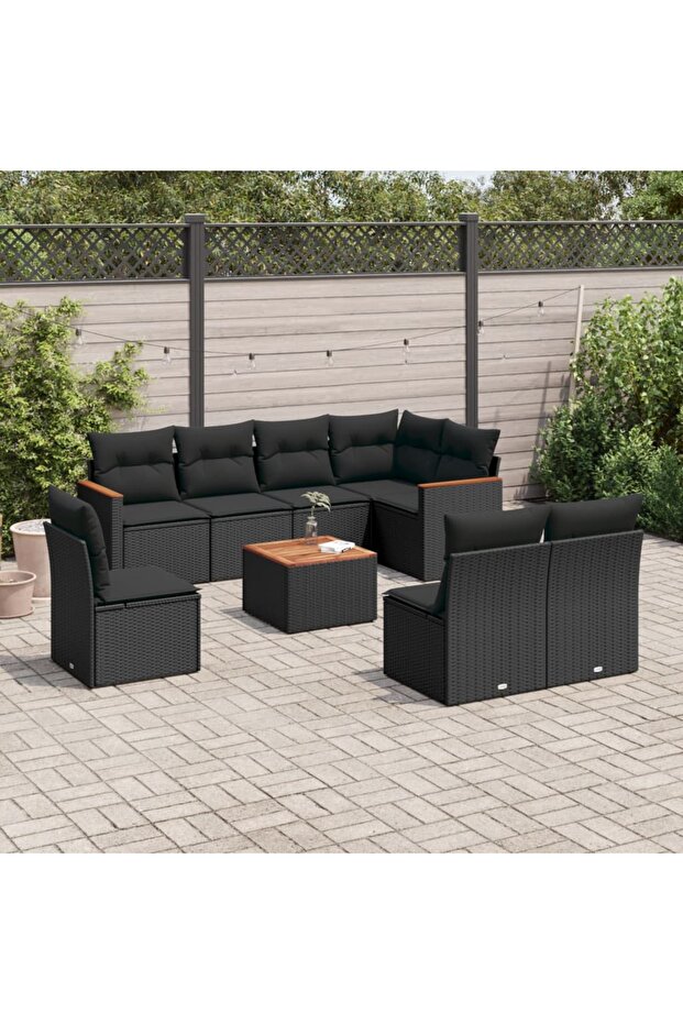 9 Piece Garden Sofa Set with Cushions Black Poly Rattan