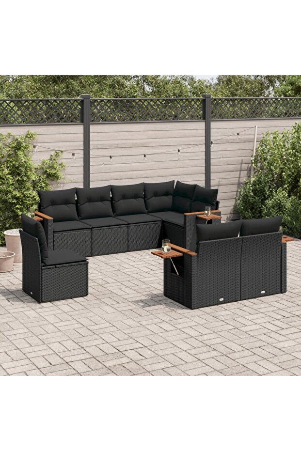 8 Piece Garden Sofa Set with Cushions Black Poly Rattan