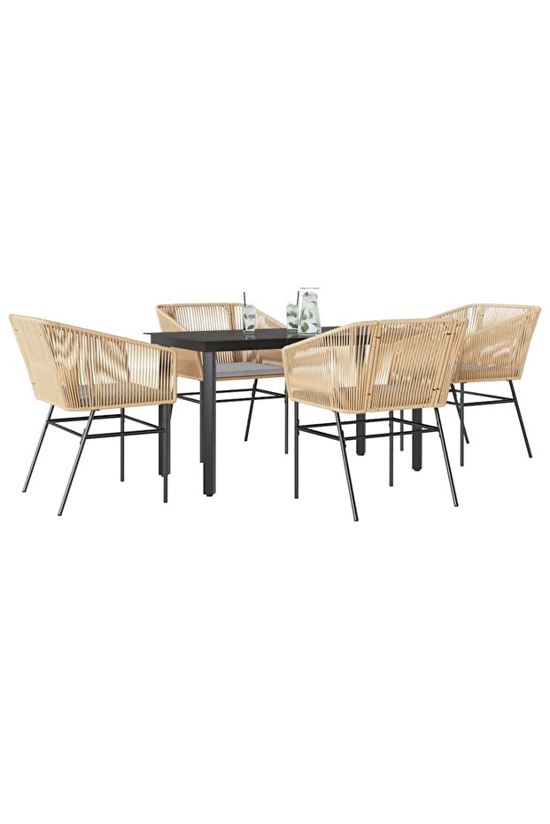 5 Piece Garden Dining Set with Cushions Brown Poly Rattan Glass