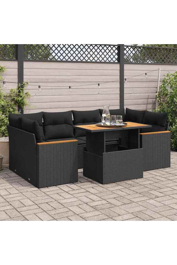 6 Piece Garden Sofa Set with Cushions Black Poly Rattan Acacia