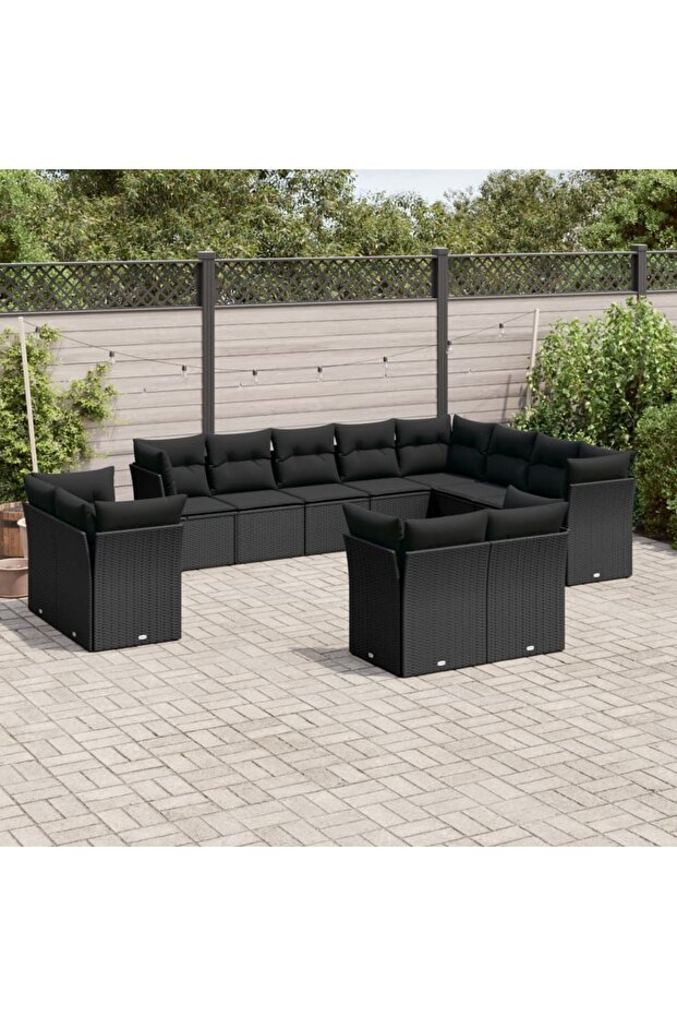 12 Piece Garden Sofa Set with Cushions Black Poly Rattan