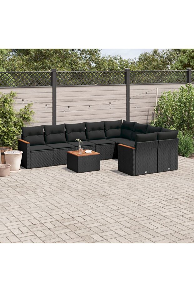 10 Piece Garden Sofa Set with Cushions Black Poly Rattan