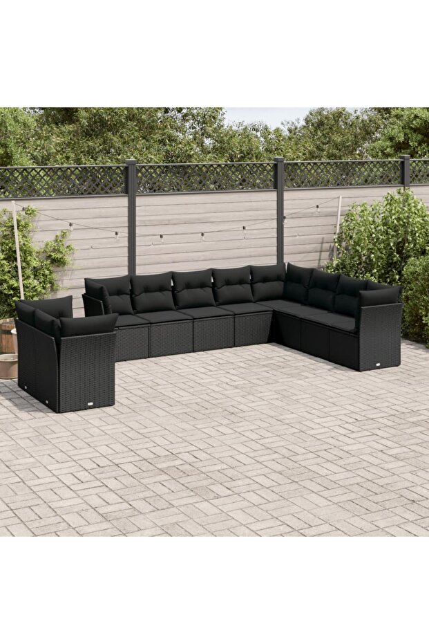 10 Piece Garden Sofa Set with Cushions Black Poly Rattan
