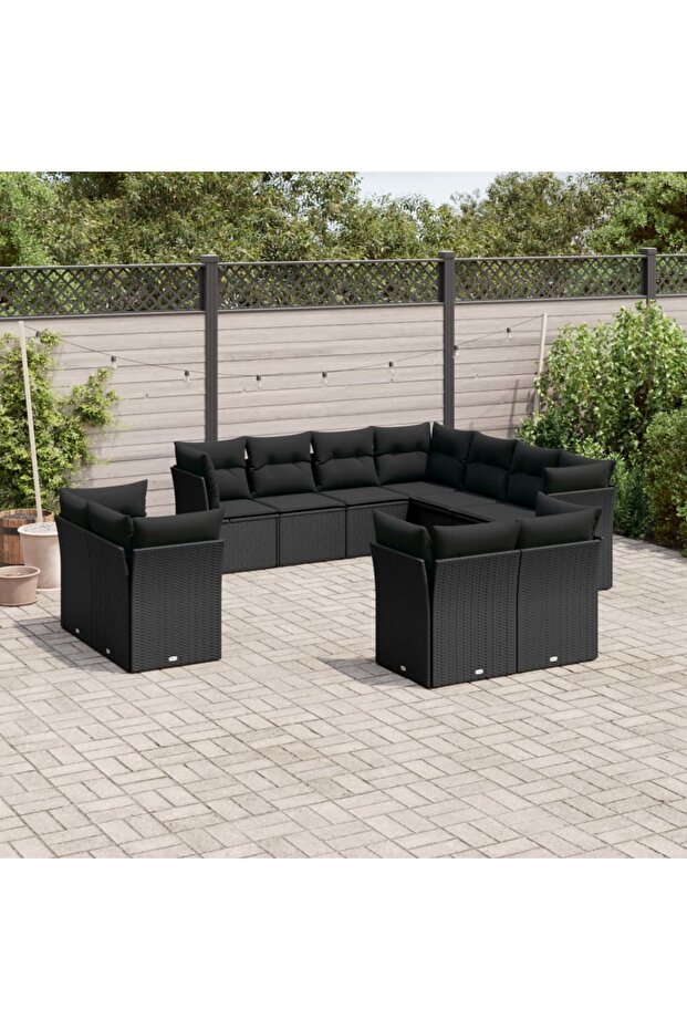 11 Piece Garden Sofa Set with Cushions Black Poly Rattan