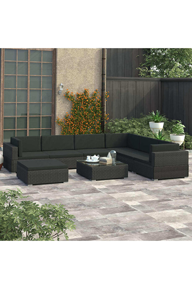 8 Piece Garden Lounge Set with Cushions Poly Rattan Black