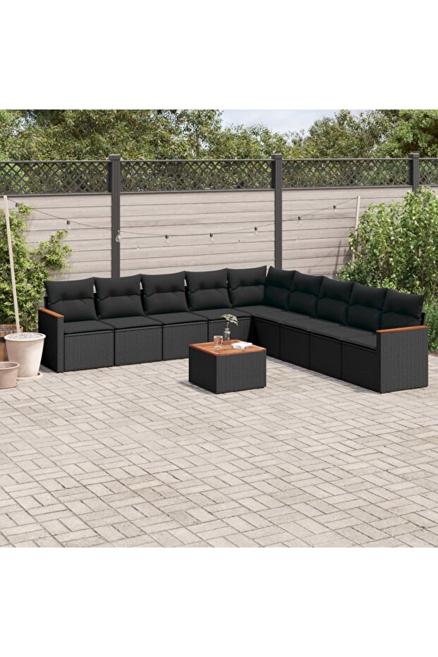 10 Piece Garden Sofa Set with Cushions Black Poly Rattan