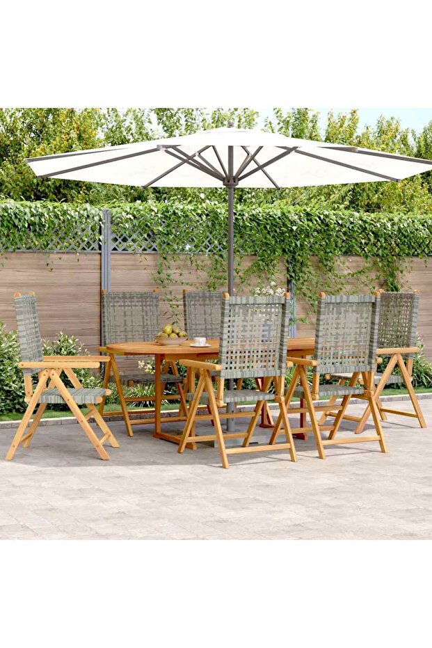 7 Piece Garden Dining Set Grey Poly Rattan and Solid Wood