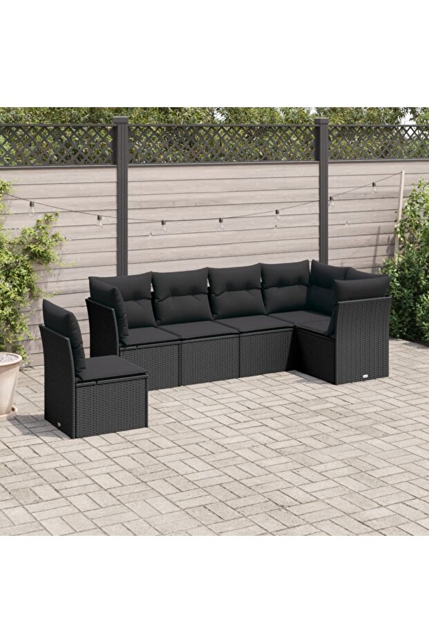 6 Piece Garden Sofa Set with Cushions Black Poly Rattan