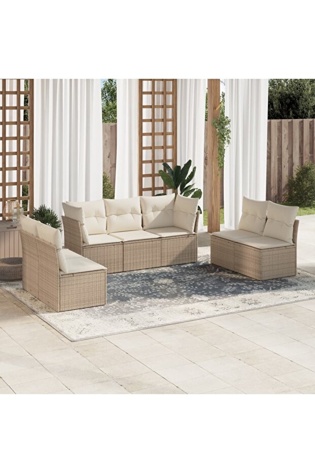 7 Piece Garden Sofa Set with Cushions Beige Poly Rattan