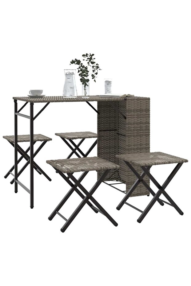 5 Piece Garden Dining Set Foldable Grey Poly Rattan