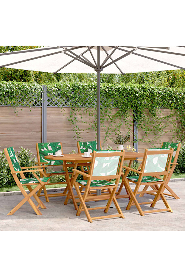 Folding Garden Chairs 6 pcs Green Fabric and Solid Wood