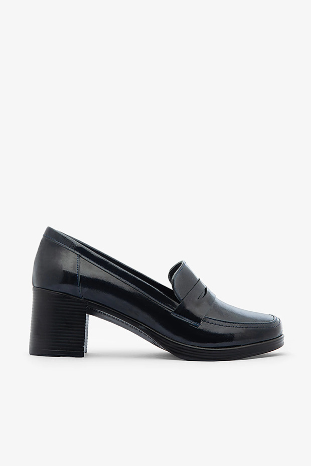 Navy Blue Patent Leather Genuine Leather Thick Heeled Women's Loafer Shoes
