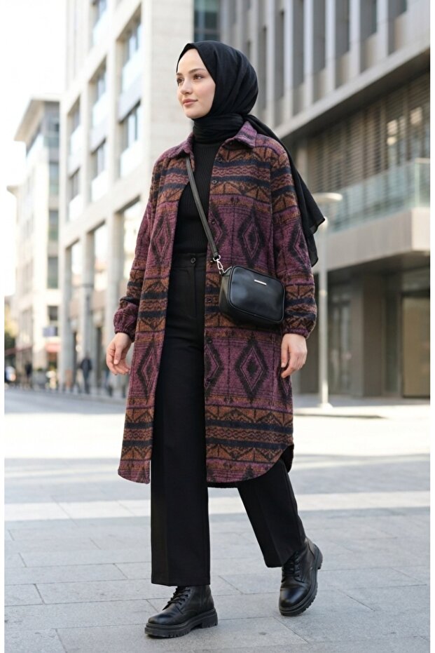 Ethnic Patterned Buttoned Transitional Cap 2500-01 Purple Tile - 1