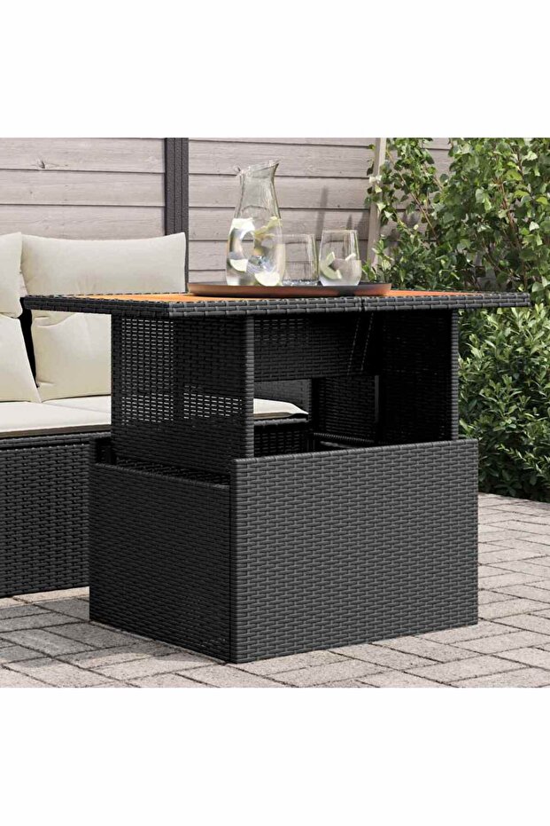 Garden Table Black 100x55x73 cm Poly Rattan and Acacia Wood