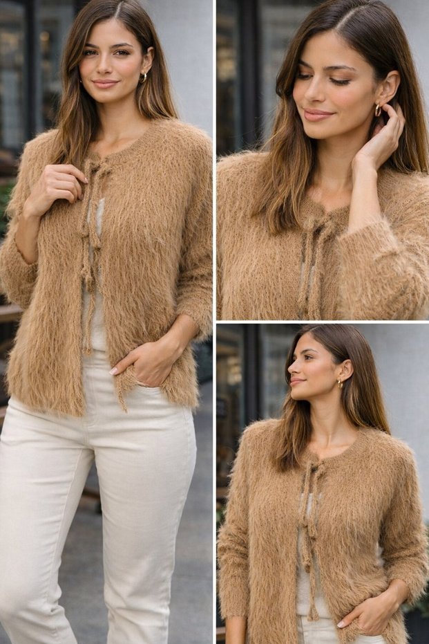 Warm Biscuit-Colored Cardigan with Soft Texture and Modern Cut