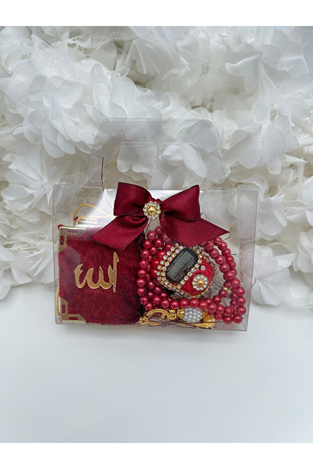 1 Mini Quran in a Bag-Looking Box, Pearl Prayer Beads and Stone Dhikr Mat Gift Set