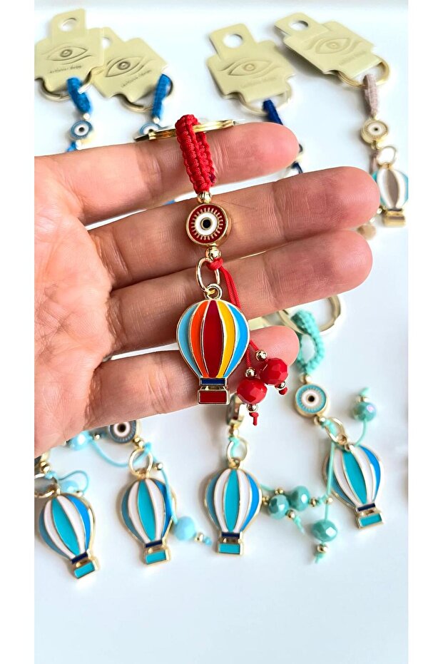 Red Colored Balloon Patterned Evil Eye Beaded Keychain - 2
