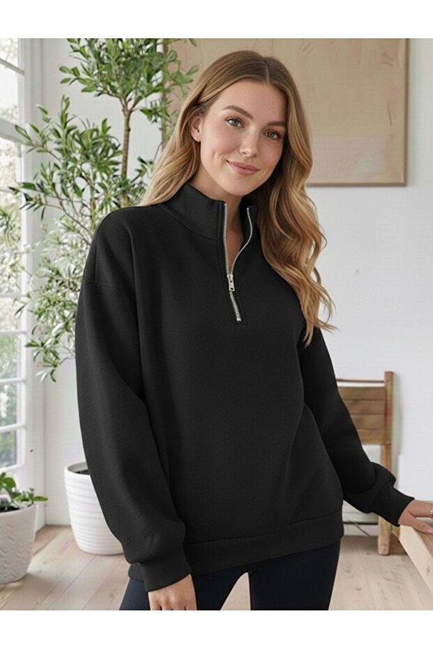 Stand-Up Collar Half-Zip Basic Sweatshirt