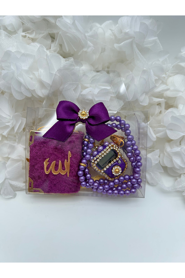 1 Mini Quran in a Bag-Looking Box, Pearl Prayer Beads and Stone Dhikr Mat Gift Set