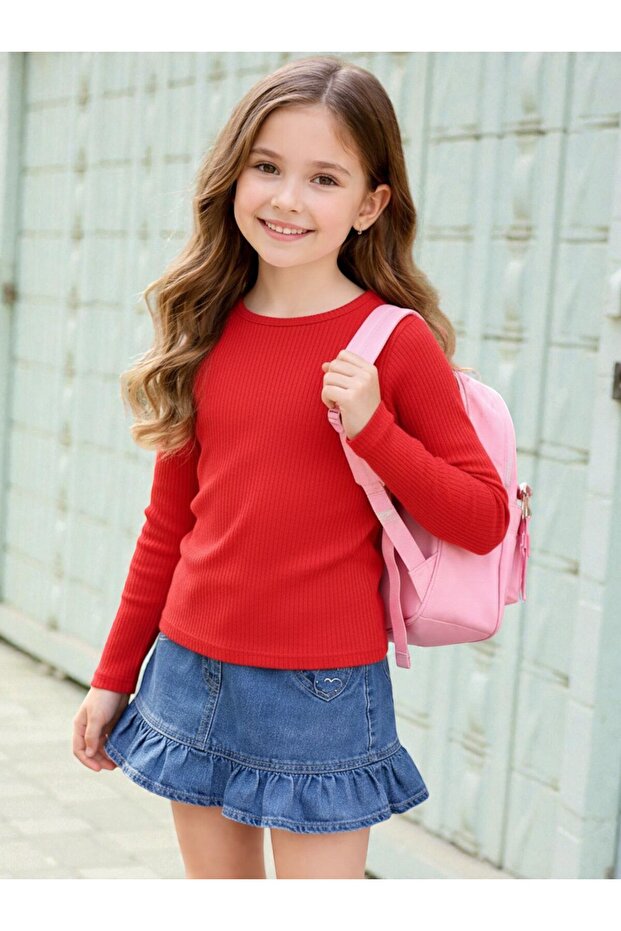 06-14 Years Old Ribbed Knit Cyclist Collar Body - Red