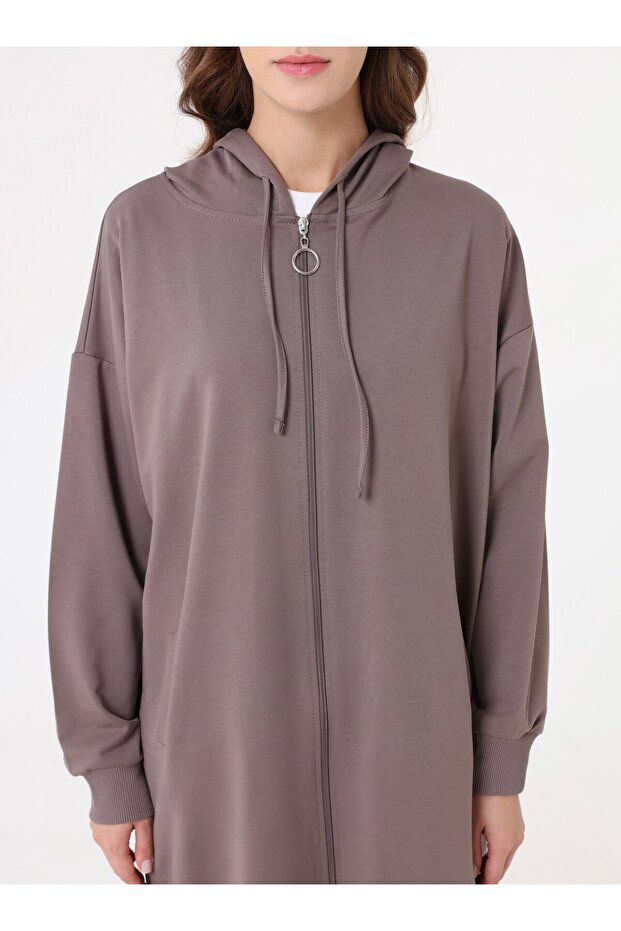 Basic Fermuarlı Kapüşonlu Sweatshirt - Vizon Kahve - - 3