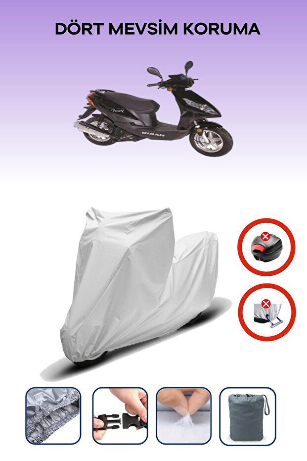 Gray Rear Bag Lock Incompatible Bisan Troy 100 Compatible Motorcycle Tarpaulin, 4 Seasons