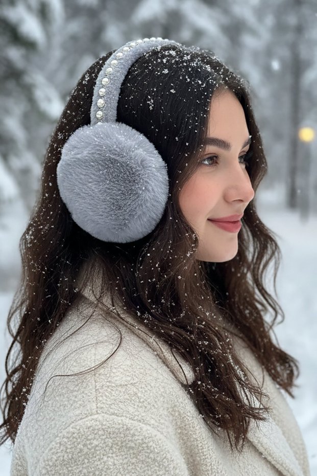 Gray Color Plush Headphones with Pearl Detail