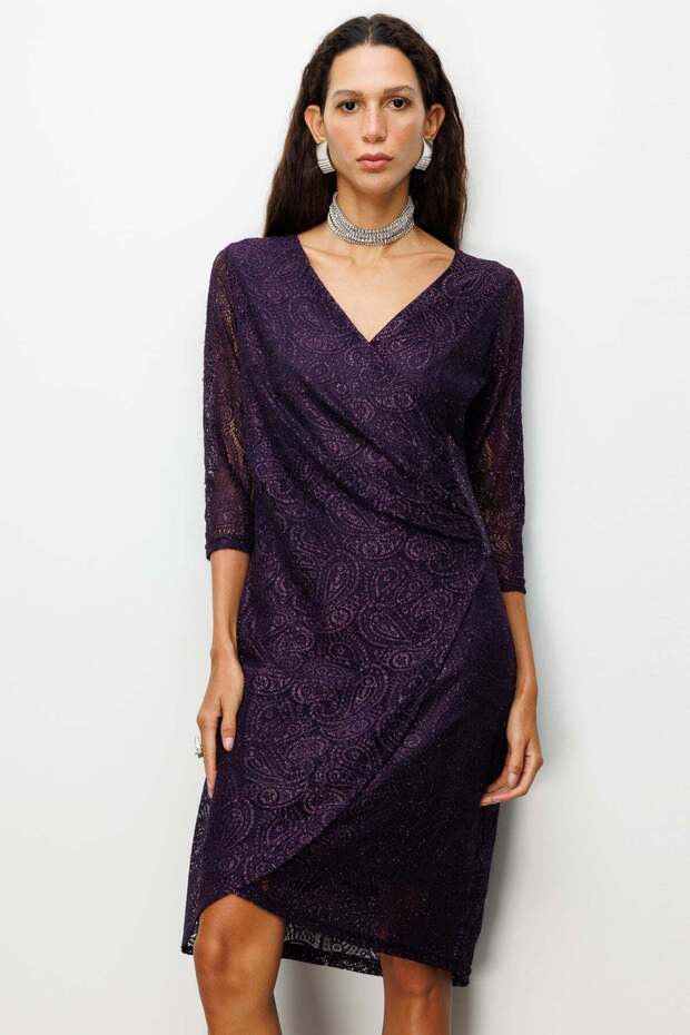 Dantelli Taş İşlemeli Midi Elbise - 3