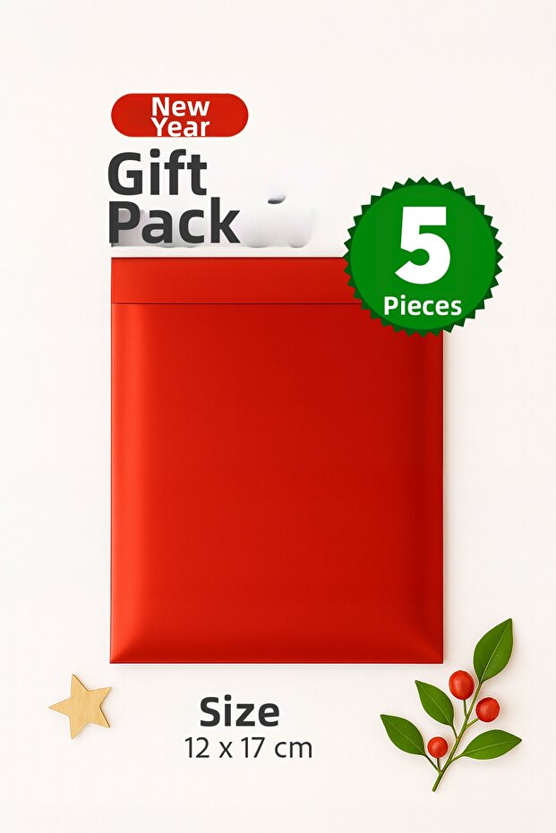 Metalized Matte Red Christmas Gift Package with Adhesive Tape 12X17 cm - 5 Pieces