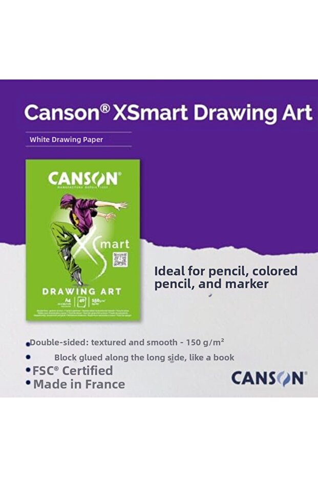 ورق رسم CANSON XSmart، أبيض، مزدوج الجوانب: محكم وناعم، 150 جم/م2، لاصق طويل الجوانب