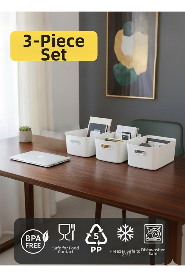 3 Pcs Desktop Organizer White Color Plastic Basket Multi-Purpose Organizer