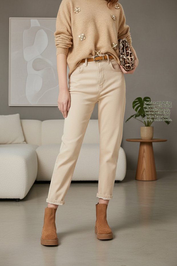 Ns-63572 Stretch Fabric High Waist Mom Jeans Beige Women's Trousers
