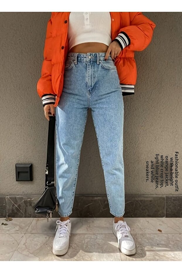 Leo Ngbutika Light Blue Mom Jeans Lycra High Waist Blue Snow Washed Mom Jeans Extra Stretchy