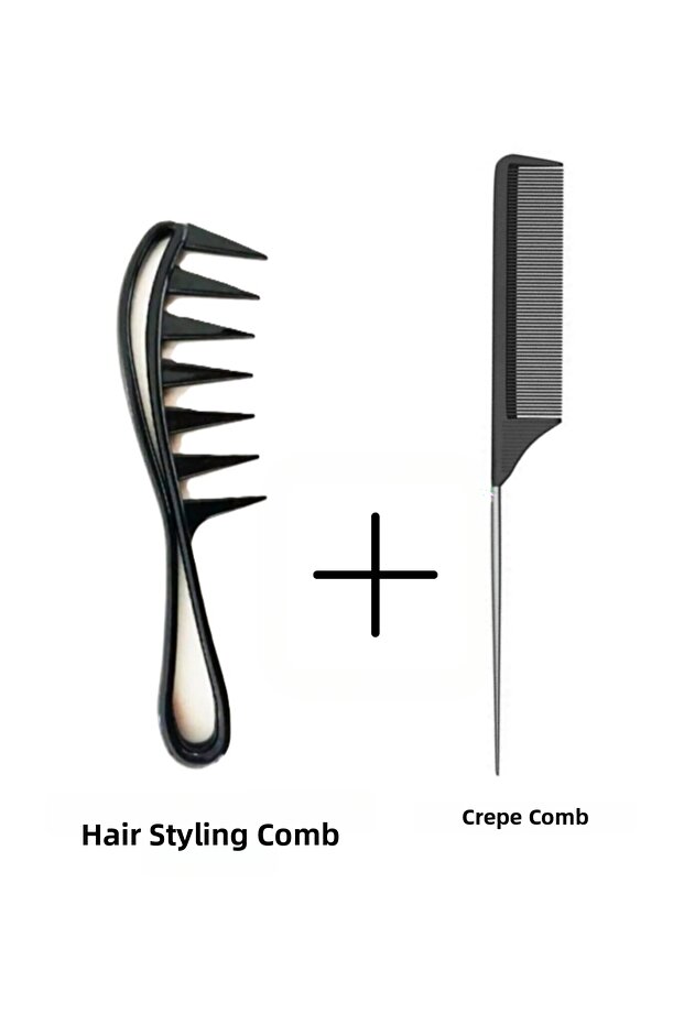Set of 2 Hair Styling Combs + Steel Handle Crepe Comb