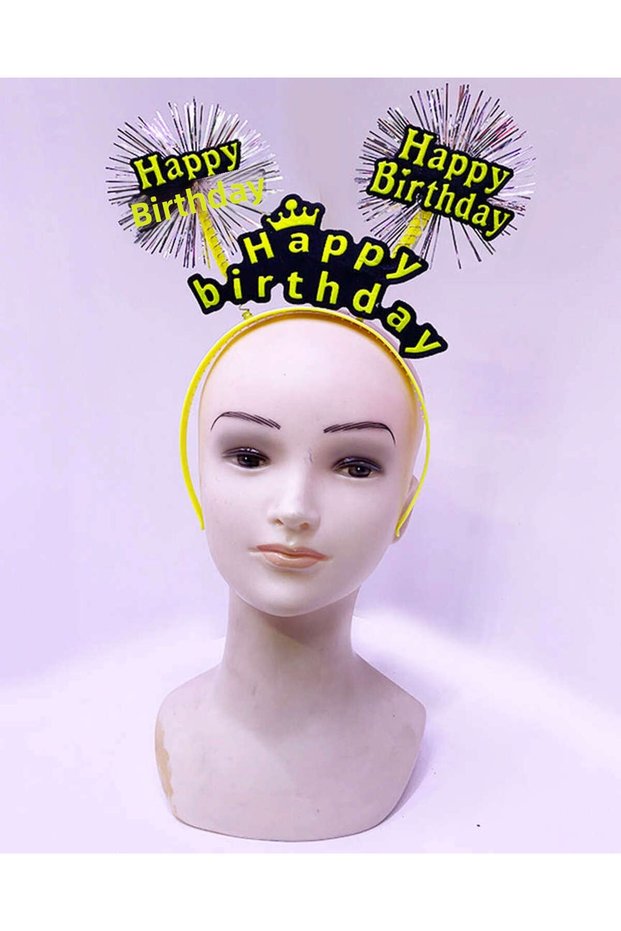 Gldisptm Happy Birthday Neon Yellow Color Birthday Crown with Tassels (132408) 22X19 cm