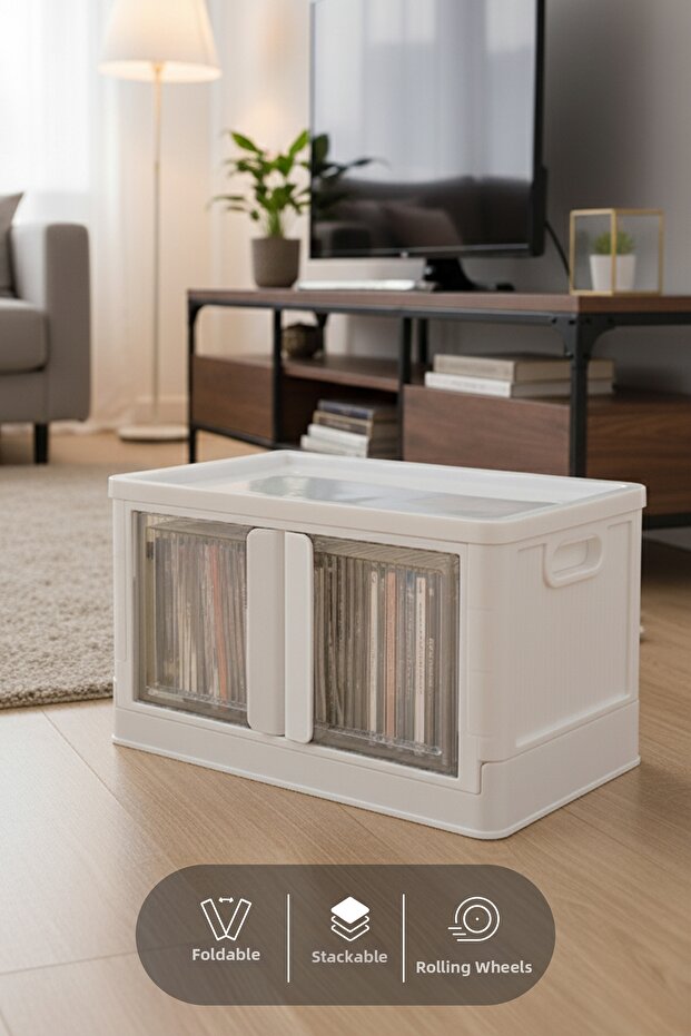 صندوق منظم بغطاء مزدوج قابل للتكديس باللون الأبيض - 1