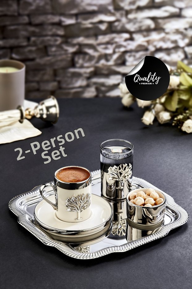 2-Person Silver Porcelain Cup Presentation Set with Tray and Tree Detail - Promise Engagement Coffee Cup