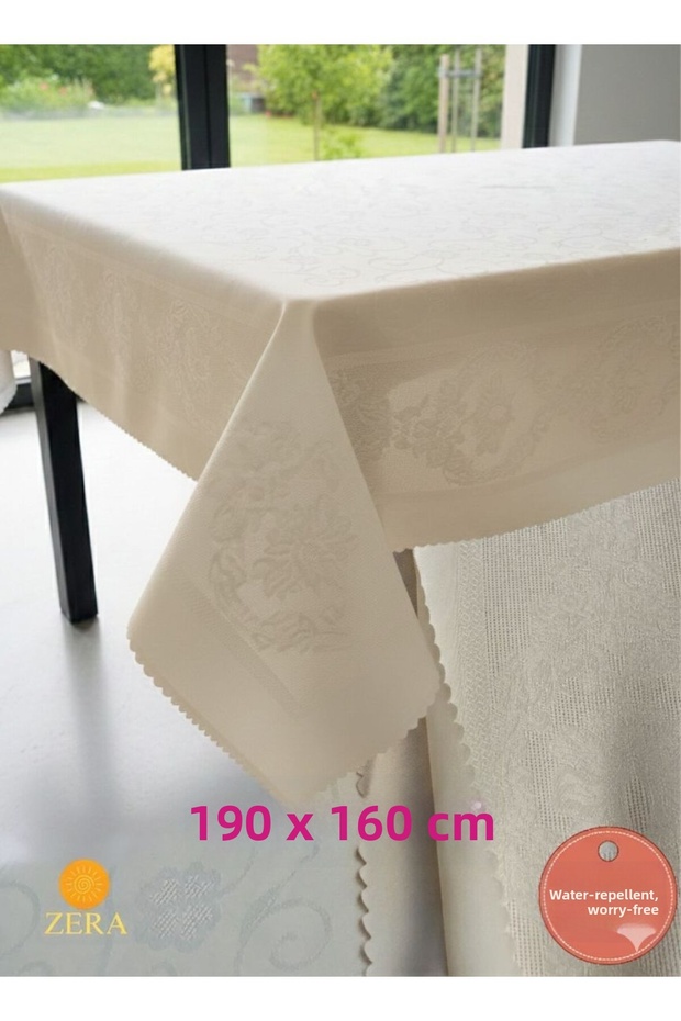 Tablecloth Beige Jumbo Erasable Board Jacquard - Self-Embroidered - Washable (190X160Cm)