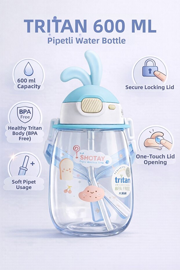 Children's Water Bottle Tritan Flask – 600 ml Water Bottle with Ear-Shaped Lid, Straw, and Strap - St-7008 - Blue