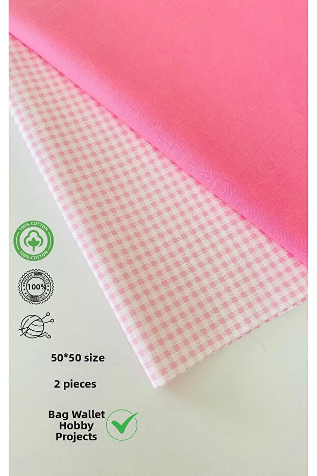 2 Pieces of 50 cm Pink Gingham Patterned Cotton Fabric for Bags, Wallets, Hobby Work