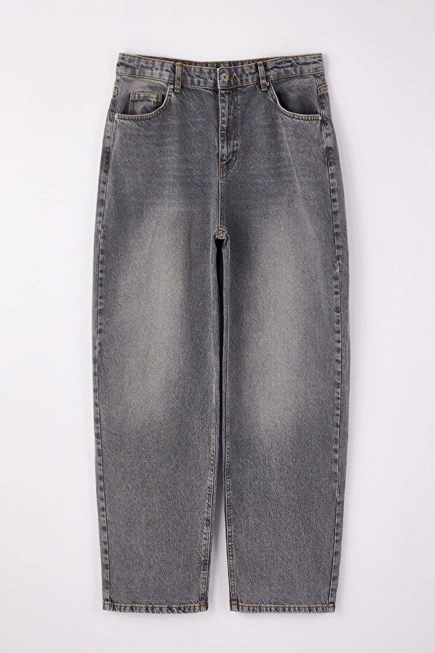 Gri Yüksek Bel Barrel Baggy %100 Pamuk Non-Stretch Büyük Beden Jeans TBBAW26CJ00043 - 5